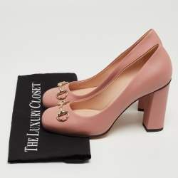 Gucci Pink Leather Horsebit Block Heel Pumps Size 38.5