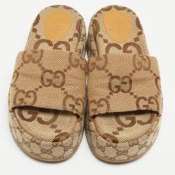 Gucci Brown/Beige GG Canvas Platform Slide Sandals Size 38.5