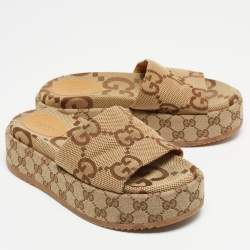Gucci Brown/Beige GG Canvas Platform Slide Sandals Size 38.5