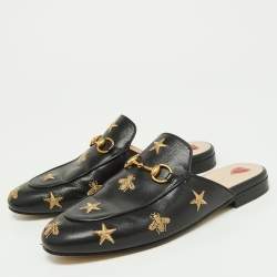 Pre Owned Gucci Black/Gold Leather Bee and Star Embroidered Princetown Flat Mules Size 37