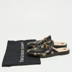 Pre Owned Gucci Black/Gold Leather Bee and Star Embroidered Princetown Flat Mules Size 37