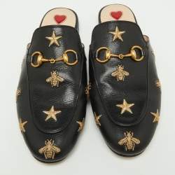 Pre Owned Gucci Black/Gold Leather Bee and Star Embroidered Princetown Flat Mules Size 37
