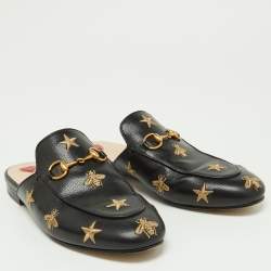 Pre Owned Gucci Black/Gold Leather Bee and Star Embroidered Princetown Flat Mules Size 37