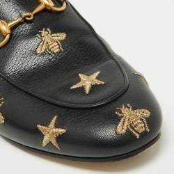 Pre Owned Gucci Black/Gold Leather Bee and Star Embroidered Princetown Flat Mules Size 37