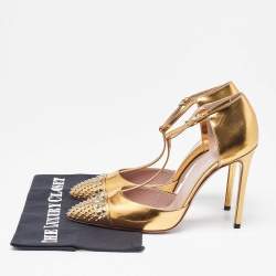 Pre Owned Gucci Gold Patent Leather Coline T Strap Pumps Size 39.5