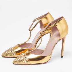 Pre Owned Gucci Gold Patent Leather Coline T Strap Pumps Size 39.5