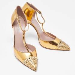 Pre Owned Gucci Gold Patent Leather Coline T Strap Pumps Size 39.5