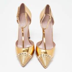 Pre Owned Gucci Gold Patent Leather Coline T Strap Pumps Size 39.5