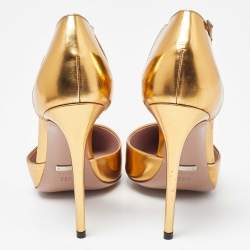 Pre Owned Gucci Gold Patent Leather Coline T Strap Pumps Size 39.5