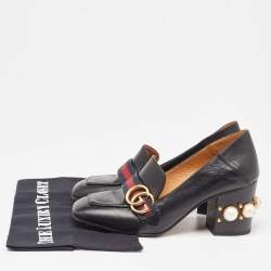 Pre Owned Gucci Black Leather Pearl Embellished GG Web Mid Pumps Size 37.5