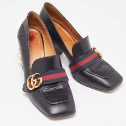 Pre Owned Gucci Black Leather Pearl Embellished GG Web Mid Pumps Size 37.5