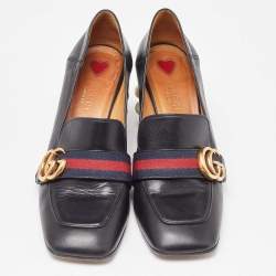Pre Owned Gucci Black Leather Pearl Embellished GG Web Mid Pumps Size 37.5