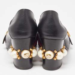Pre Owned Gucci Black Leather Pearl Embellished GG Web Mid Pumps Size 37.5