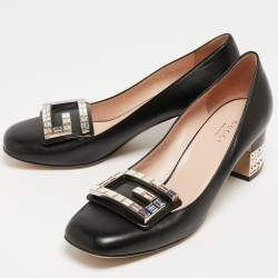 Pre Owned Gucci Black Leather Crystal Embellished Block Heel Pumps Size 36