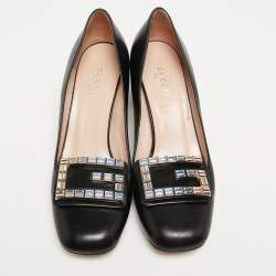 Pre Owned Gucci Black Leather Crystal Embellished Block Heel Pumps Size 36