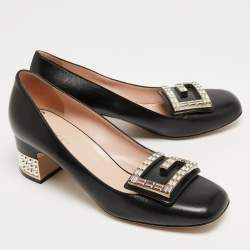 Pre Owned Gucci Black Leather Crystal Embellished Block Heel Pumps Size 36