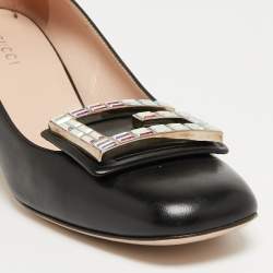 Pre Owned Gucci Black Leather Crystal Embellished Block Heel Pumps Size 36