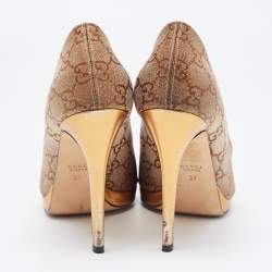 Gucci Bronze GG Canvas and Leather New Hollywood Horsebit Peep Toe Pumps Size 37