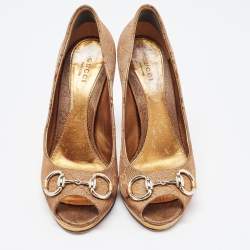 Gucci Bronze GG Canvas and Leather New Hollywood Horsebit Peep Toe Pumps Size 37