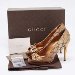 Gucci Bronze GG Canvas and Leather New Hollywood Horsebit Peep Toe Pumps Size 37