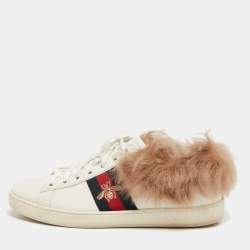 Gucci White Leather and Fur Ace Embroidered Bee Low Top Sneakers Size 37.5