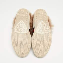 Gucci White Leather and Fur Ace Embroidered Bee Low Top Sneakers Size 37.5