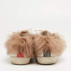 Gucci White Leather and Fur Ace Embroidered Bee Low Top Sneakers Size 37.5