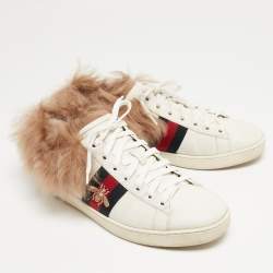 Gucci White Leather and Fur Ace Embroidered Bee Low Top Sneakers Size 37.5