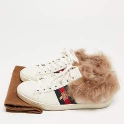 Gucci White Leather and Fur Ace Embroidered Bee Low Top Sneakers Size 37.5