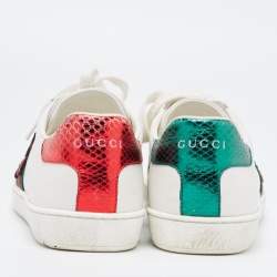 Gucci White/Red Leather and Snake Embossed Leather Ace Pineapple Sneakers Size 38