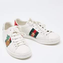 Gucci White/Red Leather and Snake Embossed Leather Ace Pineapple Sneakers Size 38
