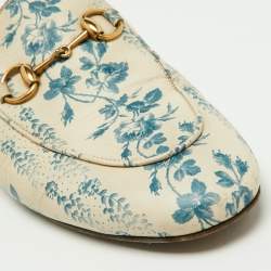 مملوكة مسبقًا Gucci Blue/White Leather Floral Princetown Mules Size 36.5