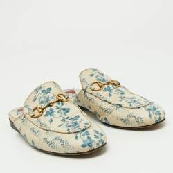 مملوكة مسبقًا Gucci Blue/White Leather Floral Princetown Mules Size 36.5