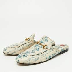 مملوكة مسبقًا Gucci Blue/White Leather Floral Princetown Mules Size 36.5