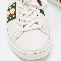 Gucci White Leather Faux Pearl and Spike Embellished Ace Sneakers Size 37.5