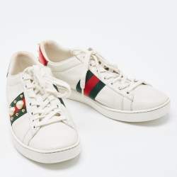 Gucci White Leather Faux Pearl and Spike Embellished Ace Sneakers Size 37.5