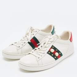 Gucci White Leather Faux Pearl and Spike Embellished Ace Sneakers Size 37.5