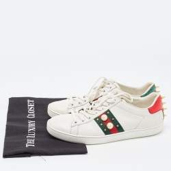 Gucci White Leather Faux Pearl and Spike Embellished Ace Sneakers Size 37.5