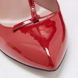 Pre Owned Gucci Red Patent Leather Bow Accents T-Strap Pumps Size 38.5