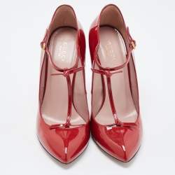 Pre Owned Gucci Red Patent Leather Bow Accents T-Strap Pumps Size 38.5