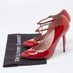 Pre Owned Gucci Red Patent Leather Bow Accents T-Strap Pumps Size 38.5