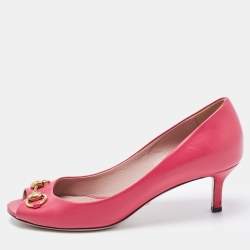 Pre Owned Gucci Pink Leather Horsebit Peep Toe Pumps Size 39