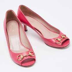 Pre Owned Gucci Pink Leather Horsebit Peep Toe Pumps Size 39