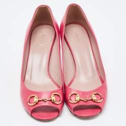 Pre Owned Gucci Pink Leather Horsebit Peep Toe Pumps Size 39