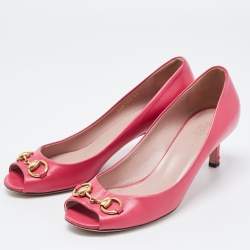 Pre Owned Gucci Pink Leather Horsebit Peep Toe Pumps Size 39