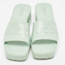 Gucci Mint Green Rubber Logo Embossed Slide Sandals Size 38