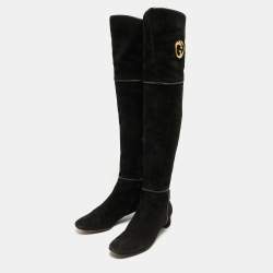 Pre Owned Gucci Black Suede Knee Length Boots Size 38.5