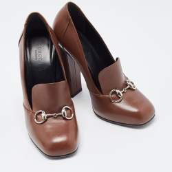 Pre Owned Gucci Brown Leather Loafer Pumps Size 38.5