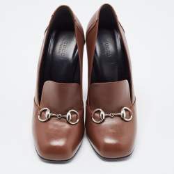 Pre Owned Gucci Brown Leather Loafer Pumps Size 38.5
