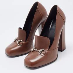 Pre Owned Gucci Brown Leather Loafer Pumps Size 38.5